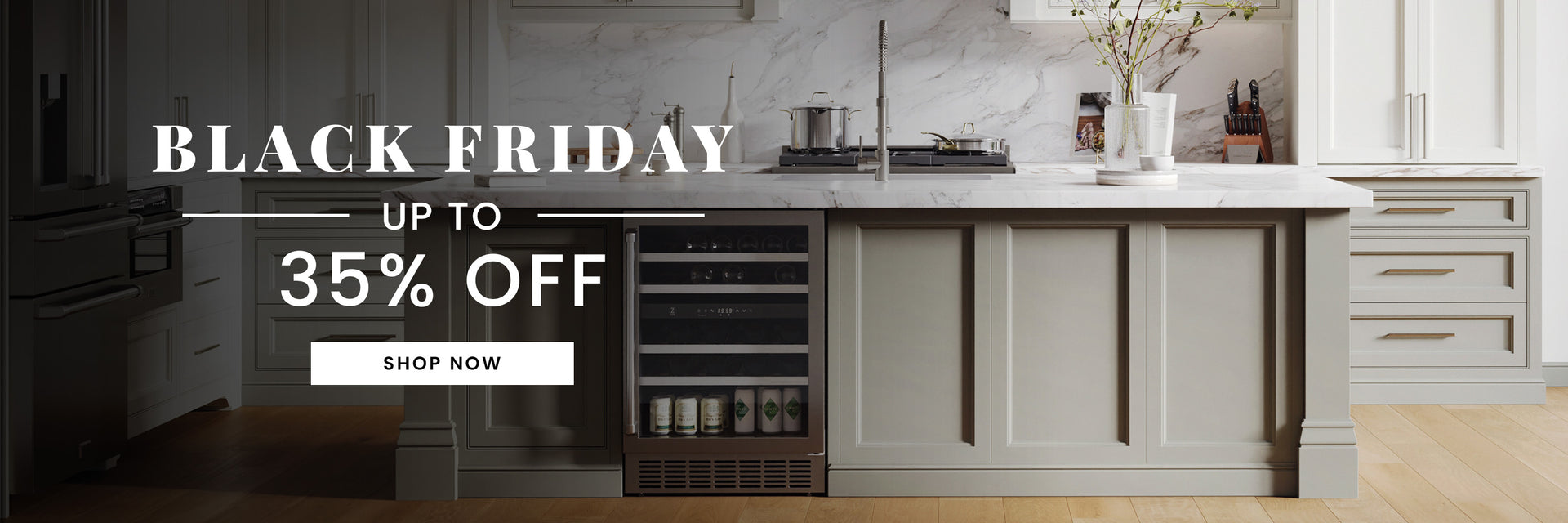 A built-in beverage cooler in a kitchen island. Text: Black Friday up to 35% off. Button: Shop Now.