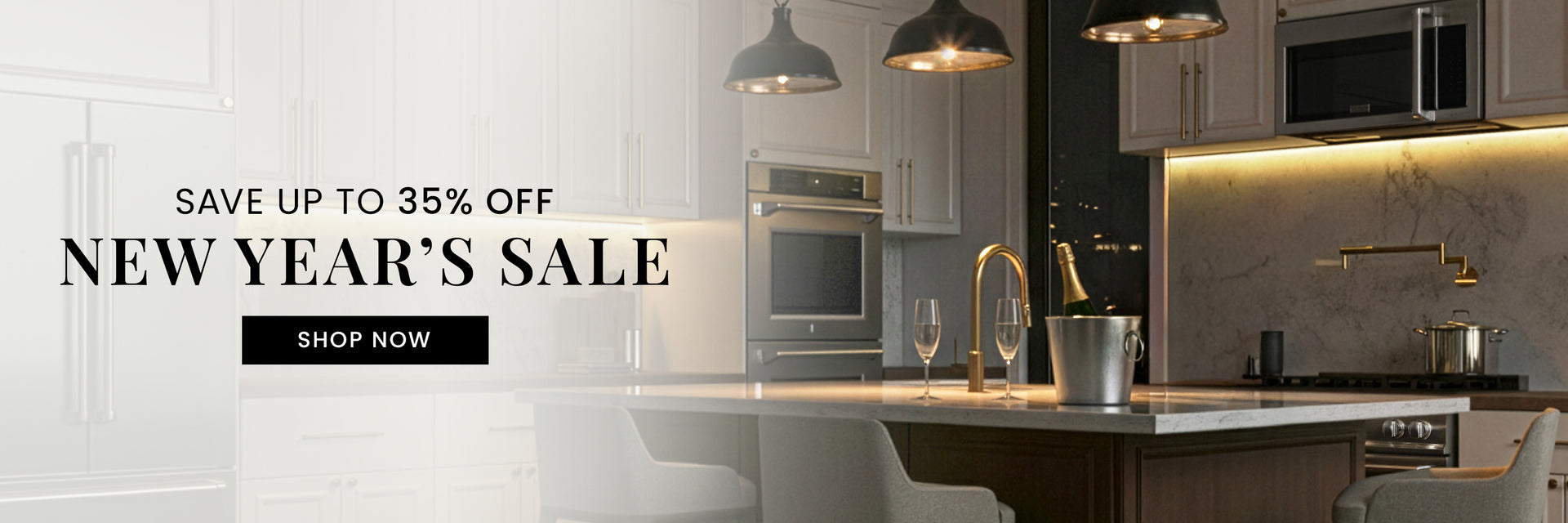 Advertisement for a New Year's Sale with a kitchen with luxury appliances. Text: New Year's Sale. Up to 35% off. Button: Shop Now.
