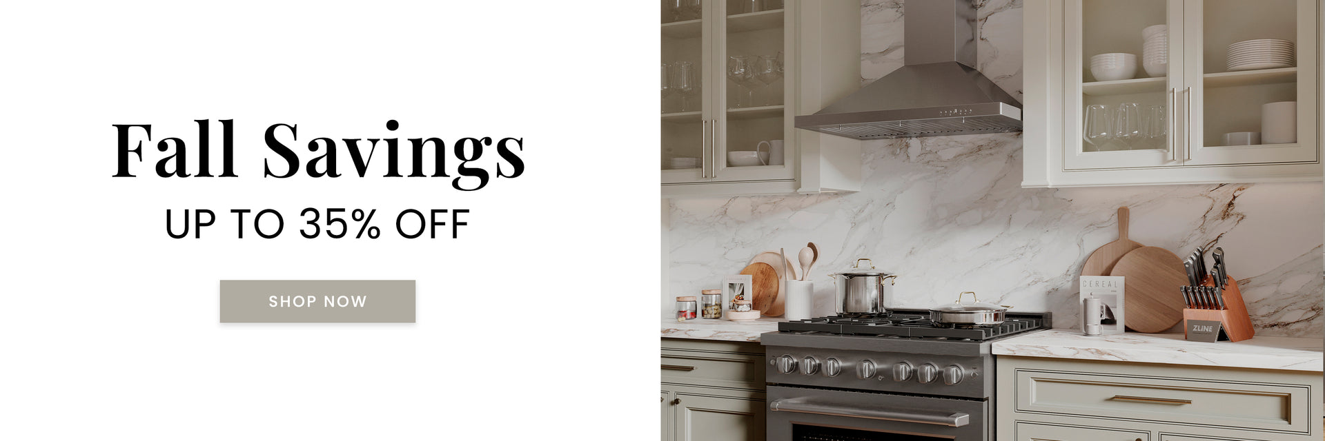 Stainless steel appliances in a farmhouse-style kitchen. Text: Fall Savings Up To 35% Off. Button: Shop Now.