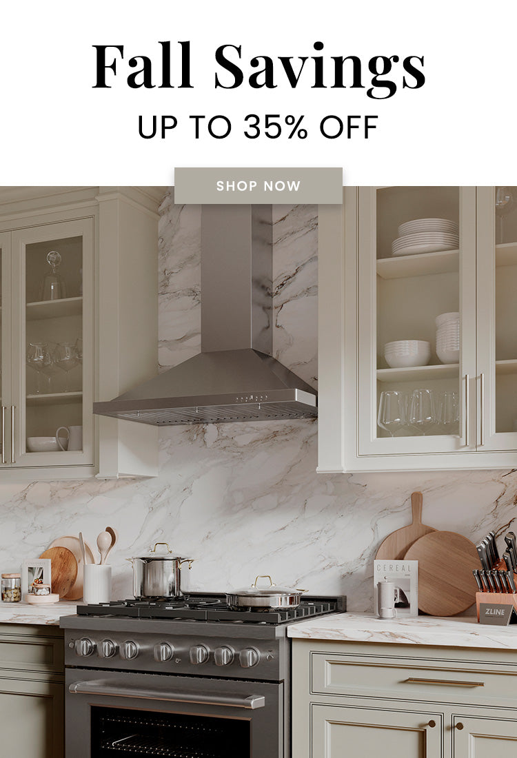Stainless steel appliances in a farmhouse-style kitchen. Text: Fall Savings Up To 35% Off. Button: Shop Now.