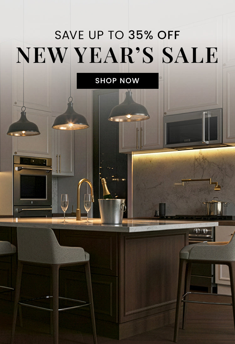 Advertisement for a New Year's Sale with a kitchen with luxury appliances. Text: New Year's Sale. Up to 35% off. Button: Shop Now.