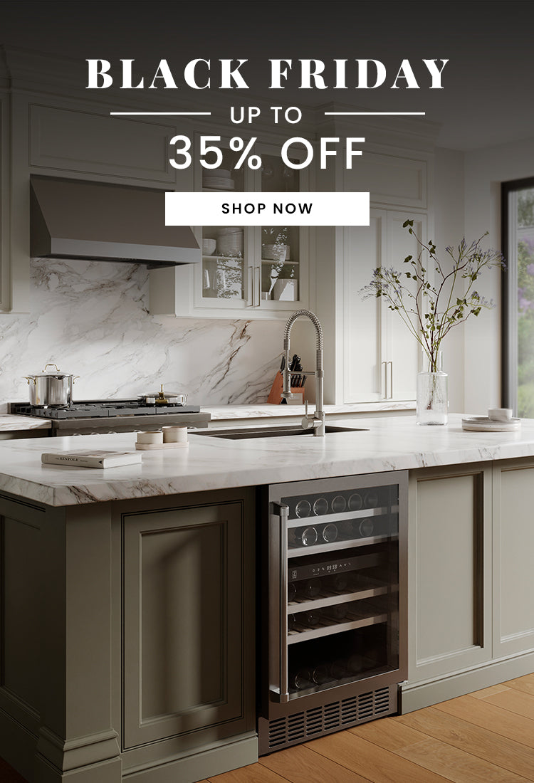 A built-in beverage cooler in a kitchen island. Text: Black Friday up to 35% off. Button: Shop Now.