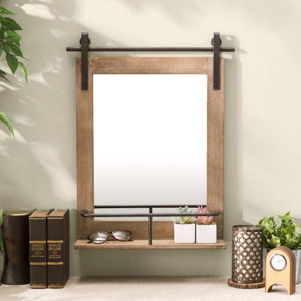 Danya B 24 in. Rustic Wood-Framed Wall Mount Vanity Mirror with Shelf and Iron Hardware (FHB5388)