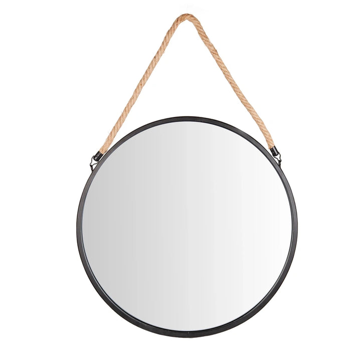 Danya B Framed 20 in. Decorative Round Black Metal Circle Wall Mirror with Hanging Rope