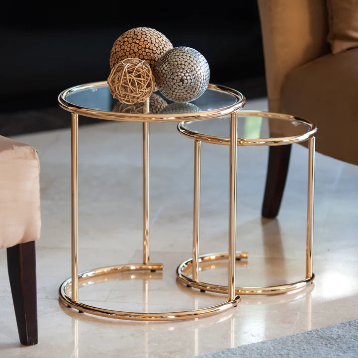 Danya B Set of Two Nested Round Side Tables in Gold with Clear Glass