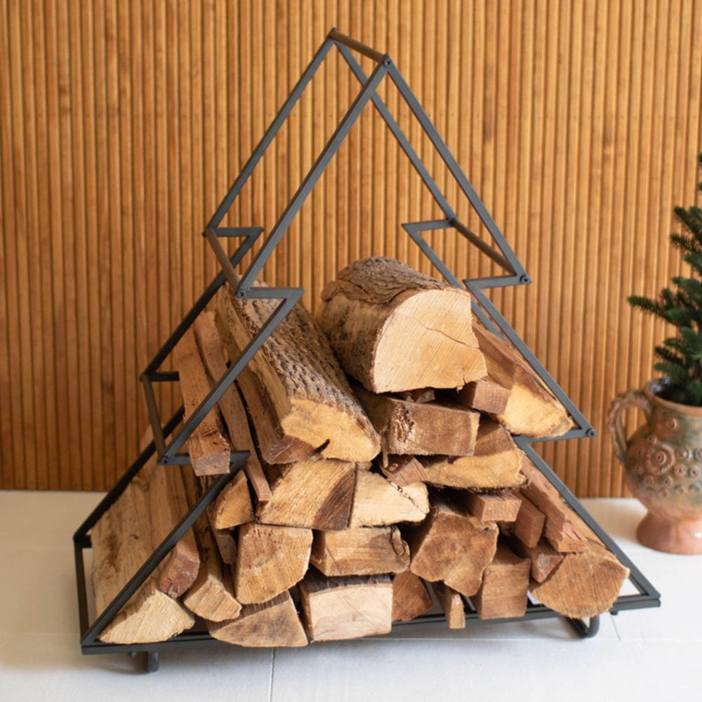 Kalalou Iron Christmas Tree Firewood Holder Rustic Kitchen Bath