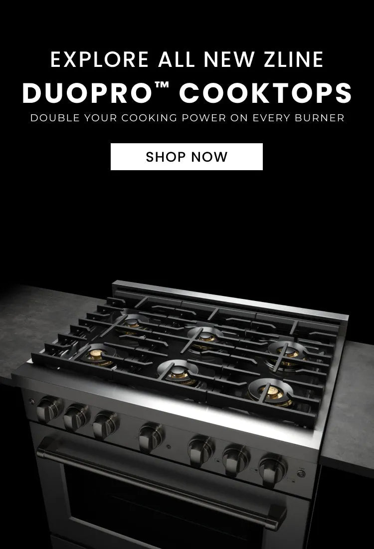 Promotion for ZLINE DuoPro™ cooktops with a black background and range in the foreground. Button: Shop Now.