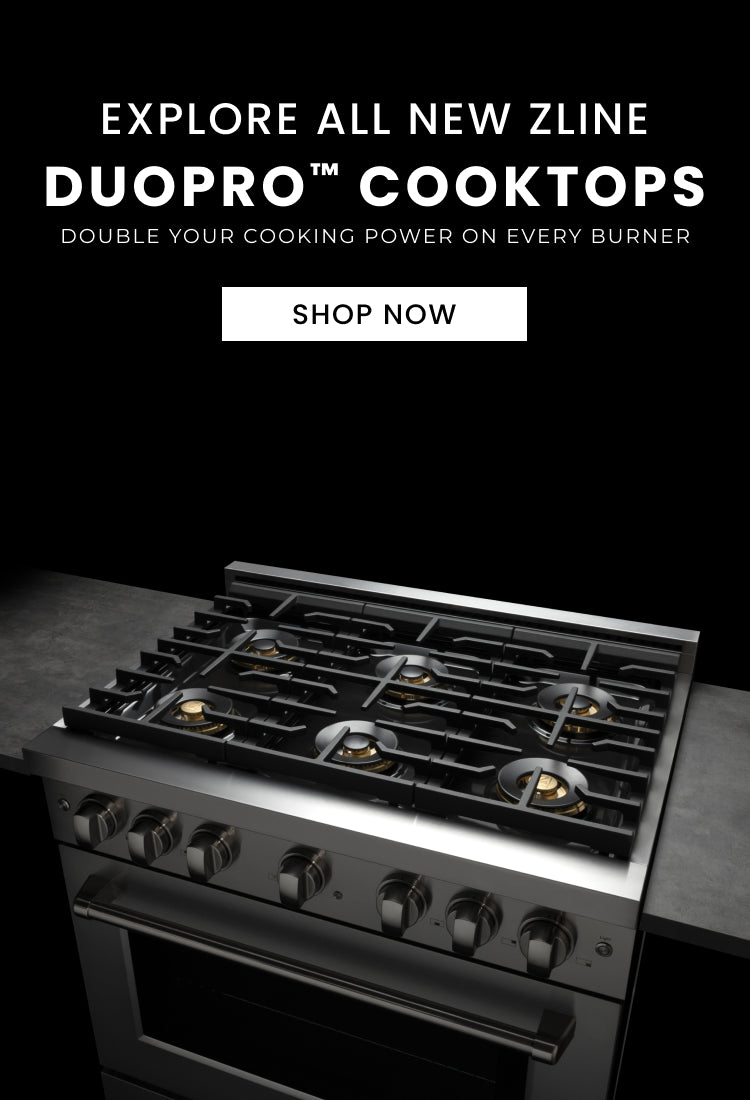 Luxury range on a dark background. Text: Explore all new ZLINE DuoPro™ Cooktops. Double your cooking power on every burner. Button: Shop Now.