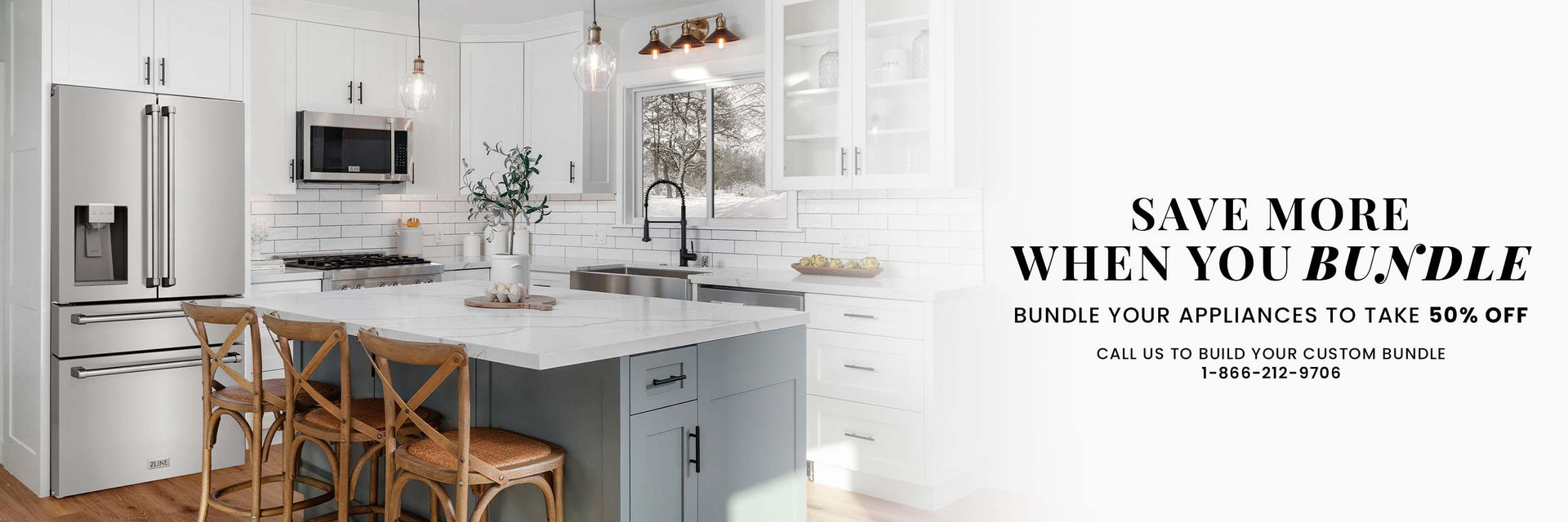 Kitchen appliances in cottage kitchen. Text: Save more when you bundle. Bundle your appliances to take 50% off. Call us to build your custom bundle.