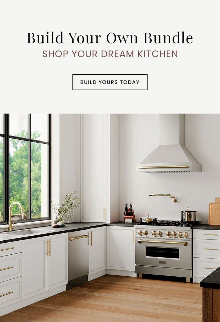 Modern kitchen with white cabinets, stainless steel appliances, and a view of trees outside. Text: Build Your Own Bundle. Shop Your Dream Kitchen Today. Button: Build Yours Today