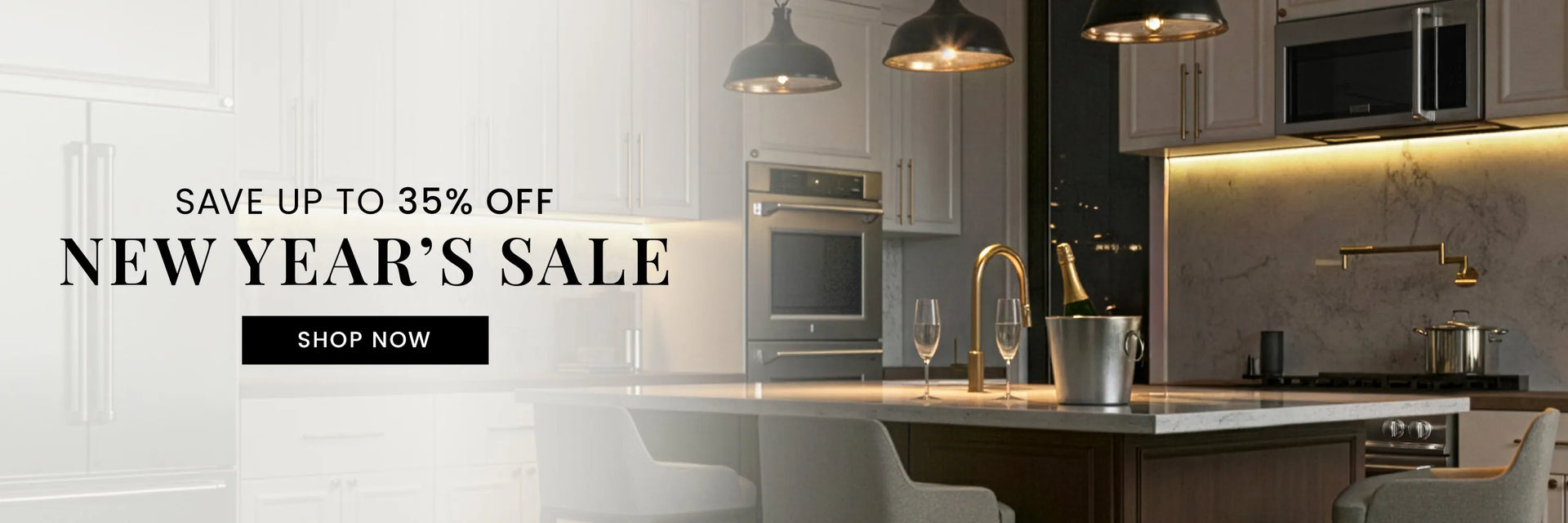 Advertisement for a New Year's Sale with a kitchen with luxury appliances. Text: New Year's Sale. Up to 35% off. Button: Shop Now.