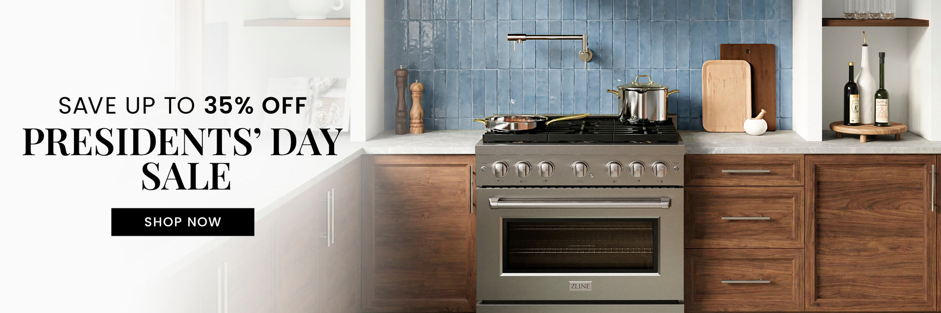 Rustic kitchen with stainless steel appliances and a Presidents' Day sale announcement. Text: Shop Our Presidents' Day Sale. Save up to 35% off. Button: Shop Now.