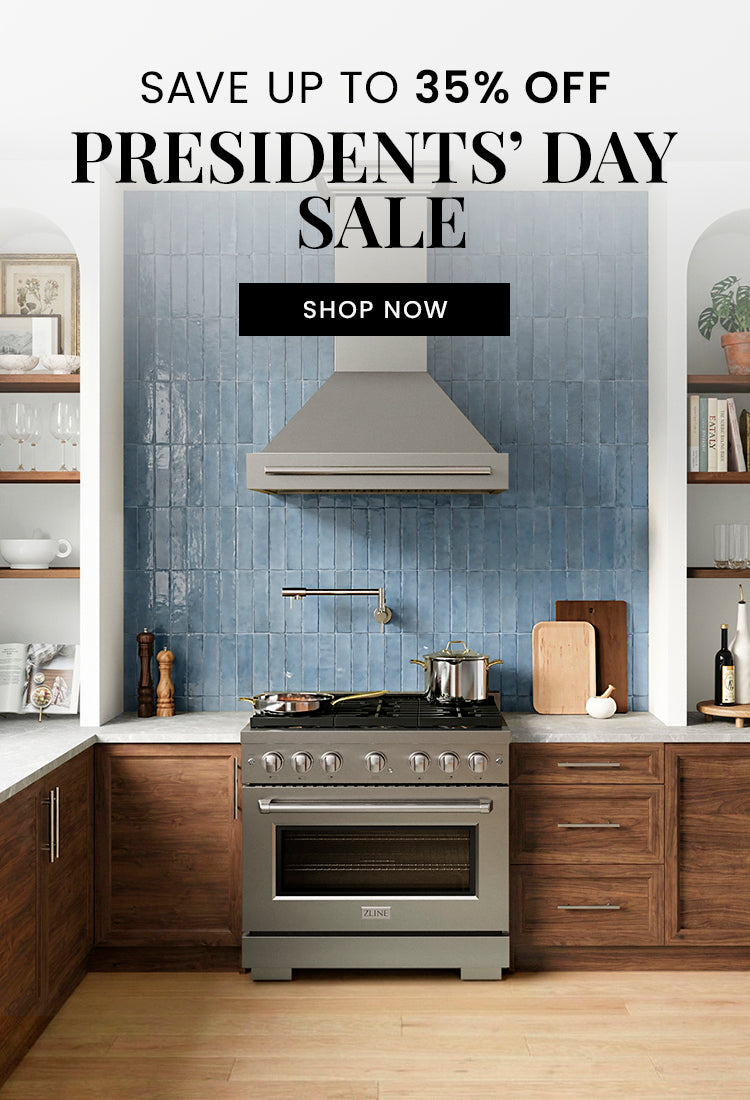 Rustic kitchen with stainless steel appliances and a Presidents' Day sale announcement. Text: Shop Our Presidents' Day Sale. Save up to 35% off. Button: Shop Now.
