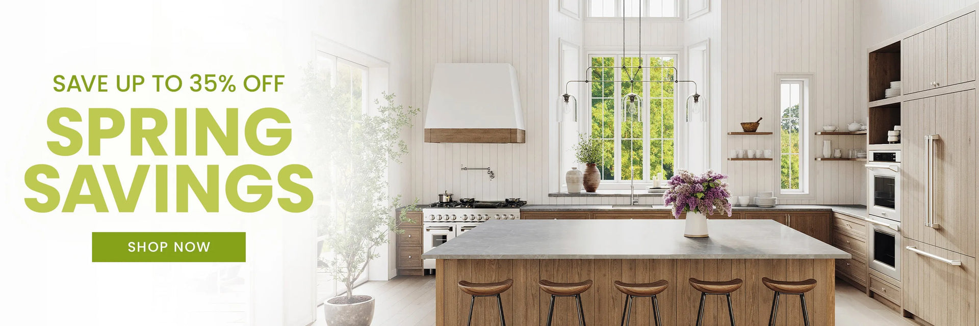 Farmhouse-style kitchen with wood accents. Text: Save up to 35% off. Spring Savings. Button: Shop Now.