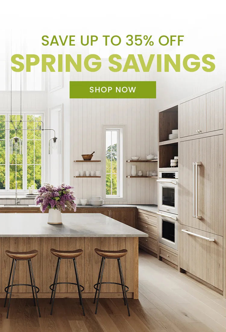 Farmhouse-style kitchen with wood accents. Text: Save up to 35% off. Spring Savings. Button: Shop Now.