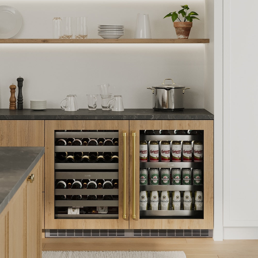 ZLINE Touchstone Wine Cooler and Beverage Fridge in a custom bar area