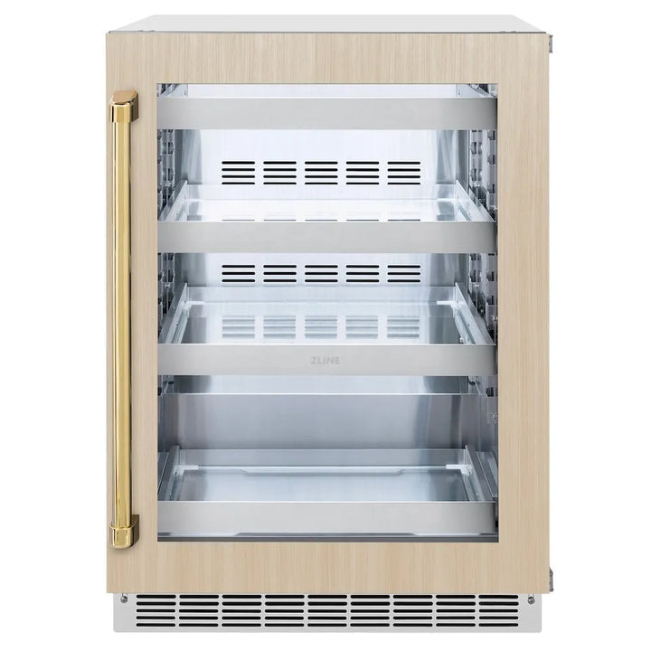 ZLINE Autograph Edition 24 in. Touchstone 151 Can Beverage Fridge with Panel Ready Glass Door and Polished Gold Handle (RBSPOZ-24-G)
