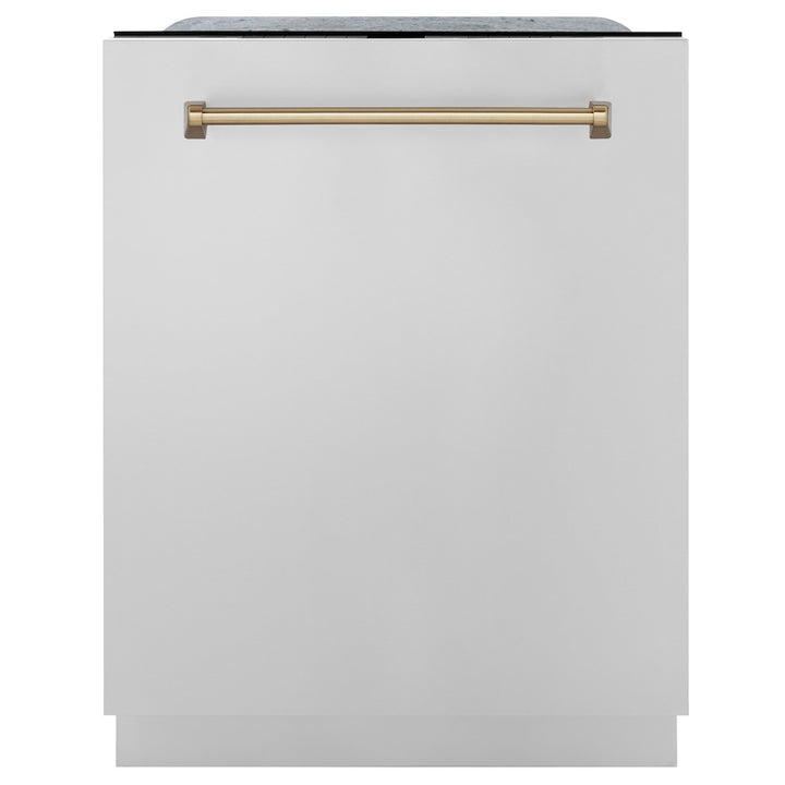 ZLINE Autograph Edition 24 in. Monument Series 3rd Rack Top Touch Control Tall Tub Dishwasher in Stainless Steel with Champagne Bronze Handle, 45dBa (DWMTZ-304-24-CB)