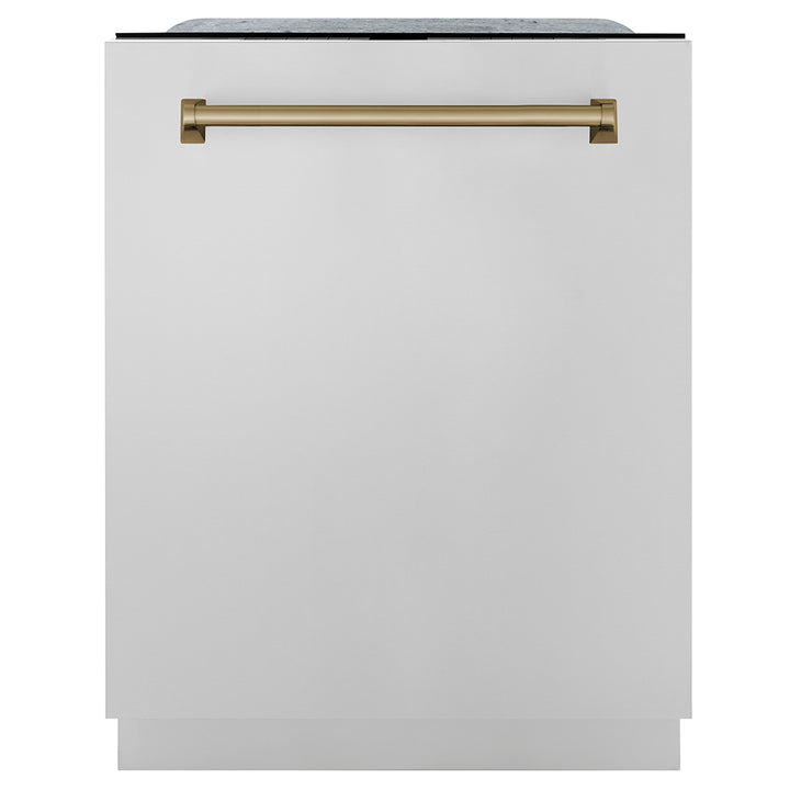 ZLINE Autograph Edition 24 in. Monument Series 3rd Rack Dishwasher with Auto Door Open Drying, 44dBa, Stainless Steel Panel with Champagne Bronze Handle (DWMTZ-304-24-CB)