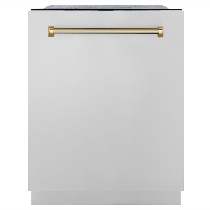 ZLINE Autograph Edition 24 in. Monument Series 3rd Rack Top Touch Control Tall Tub Dishwasher in Stainless Steel with Polished Gold Helix Handle, 45dBa (DWMTZ-30424-KG)