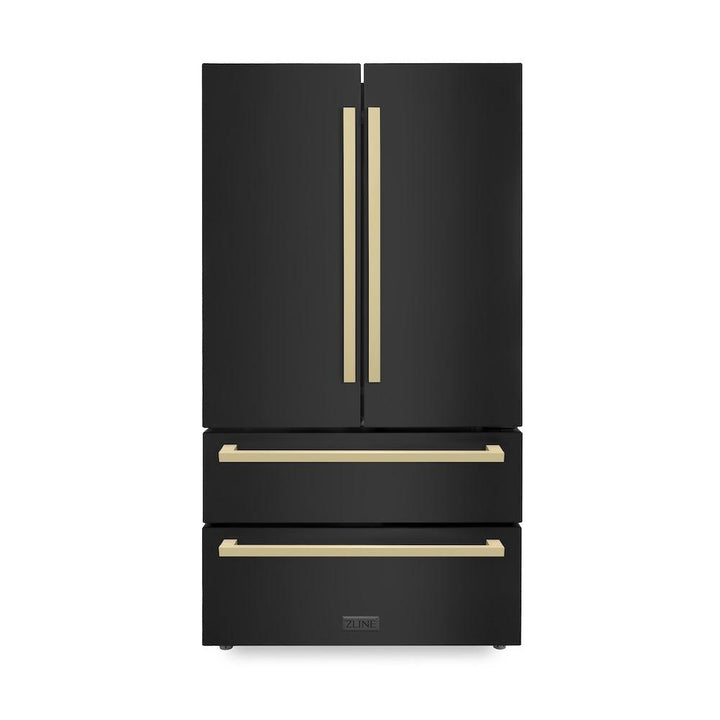 ZLINE Autograph Edition 36 in. 22.5 cu. ft. Counter-Depth French Door Refrigerator with Ice Maker in Fingerprint-Resistant Black Stainless Steel and Champagne Bronze Modern Handles (RFMZ-36-BS-FCB)
