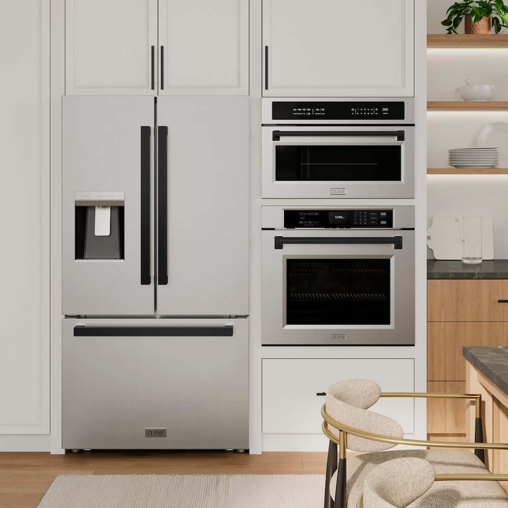 ZLINE Stainless Steel standard-depth refrigerator with matte black handles in a luxury kitchen.