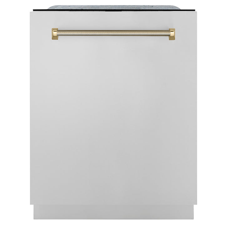 ZLINE Autograph Edition 24 in. Monument Series 3rd Rack Dishwasher with Auto Door Open Drying, 44dBa, Stainless Steel Panel with Polished Gold Helix Handle (DWMTZ-30424-KG)