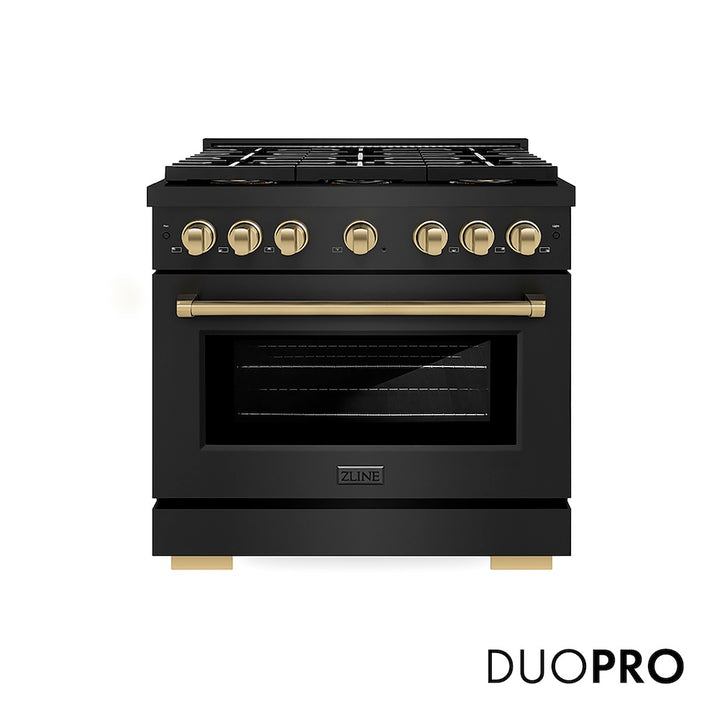 ZLINE Autograph Edition 36 in. 5.2 cu. ft. Paramount Gas Range with 6 Burner DuoPro™ Cooktop and Convection Gas Oven in Black Stainless Steel and Champagne Bronze Accents (PSGRBZ-36-CB)