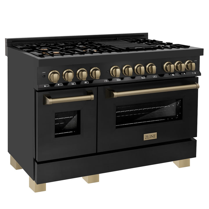 ZLINE Autograph Edition 48 in. 6.0 cu. ft. Legacy Dual Fuel Range with 7 Burner Gas Cooktop and 2 Electric Ovens in Black Stainless Steel and Champagne Bronze Accents (RABZ-48-CB)