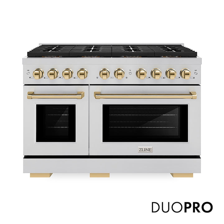 ZLINE Autograph Edition 48 in. 6.7 cu. ft. Paramount Dual Fuel Range with 8 Burner DuoPro™ Cooktop and Dual Ovens in Stainless Steel and Polished Gold Accents (PSDRZ-48-G)