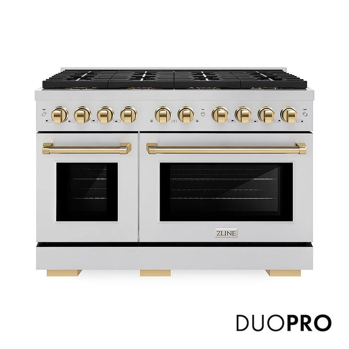 ZLINE Autograph Edition 48 in. 6.7 cu. ft. Paramount Dual Fuel Range with 8 Burner DuoPro™ Cooktop and Dual Ovens in Stainless Steel and Polished Gold Accents (PSDRZ-48-G)