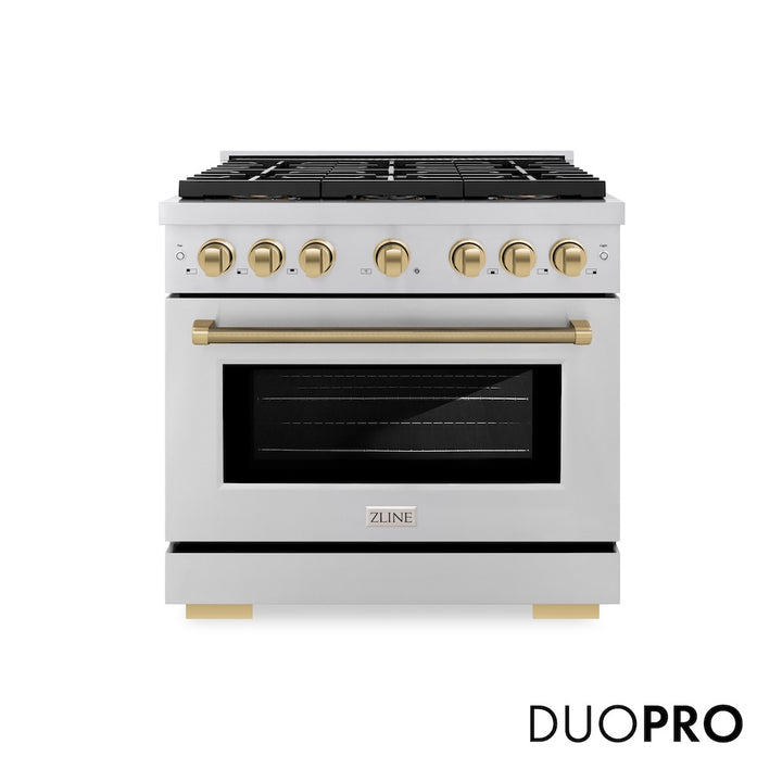 ZLINE Autograph Edition 36 in. 5.2 cu. ft. Paramount Gas Range with 6 Burner DuoPro™ Cooktop and Convection Gas Oven in Stainless Steel with Champagne Bronze Helix Handle and Accents (PSGRZ-36-KCB)
