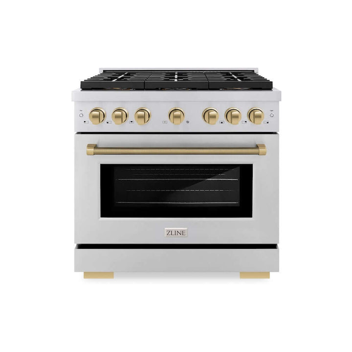 ZLINE Autograph Edition 36 in. 5.2 cu. ft. Paramount Gas Range with 6 Burner DuoPro™ Cooktop and Convection Gas Oven in Stainless Steel with Champagne Bronze Helix Handle and Accents (PSGRZ-36-KCB)