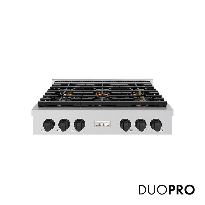 ZLINE Autograph Edition 36 in. Paramount Gas Rangetop with 6 Burner DuoPro™ Cooktop in Stainless Steel and Matte Black Accents (PSRTZ-36-MB)