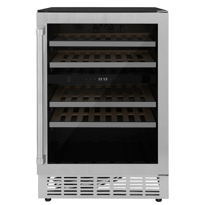 ZLINE 24 in. Monument Dual Zone 44-Bottle Wine Cooler in Stainless Steel with Wood Shelf (RWV-UD-24)