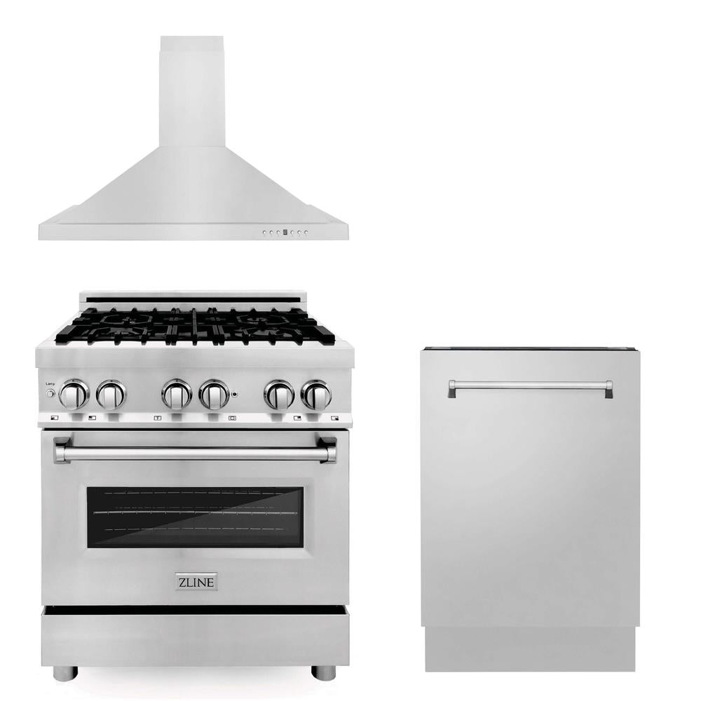 ZLINE 30" Kitchen Package Dual Fuel Range, Range Hood, Dishwasher