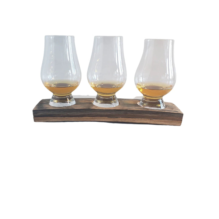 Whiskey and Wine Design 3 Cup Flight with Metal Band, 3 Glencairn Glasses
