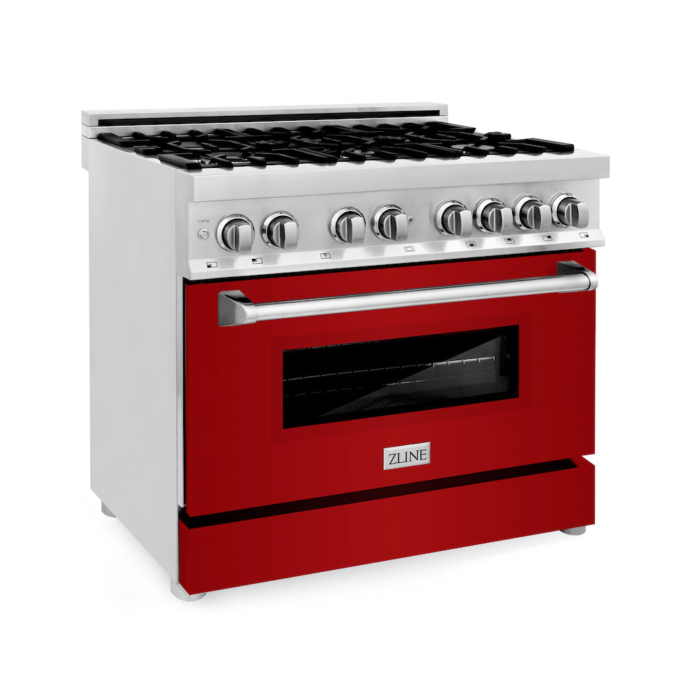 ZLINE 36" Dual Fuel Range with Red Gloss Oven Door (RARG36) Rustic